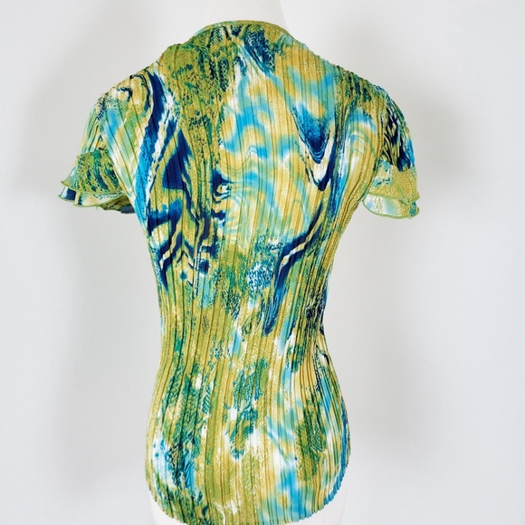 Y2K Abstract Ruffle Blouse Flutter Sleeve Short Sleeve Button Down - Picture 5 of 8